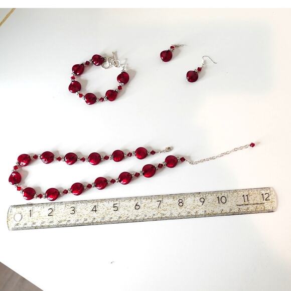 Stunning Ruby Red Necklace Set / Murano Glass/Sterling Silver/ Swarovski Set - Picture 7 of 10
